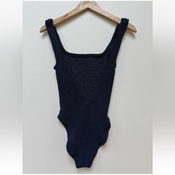 Hunza G London Crinkle One-Piece Swimsuit Square Neck Metallic Navy - Picture 2 of 6